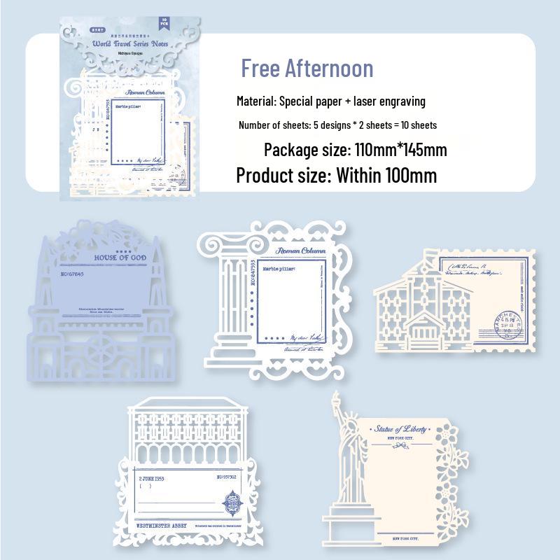 World Tour Series Retro Carved Paper Sticky Notes - 6 Styles, Irregular Shapes, 10 Sheets