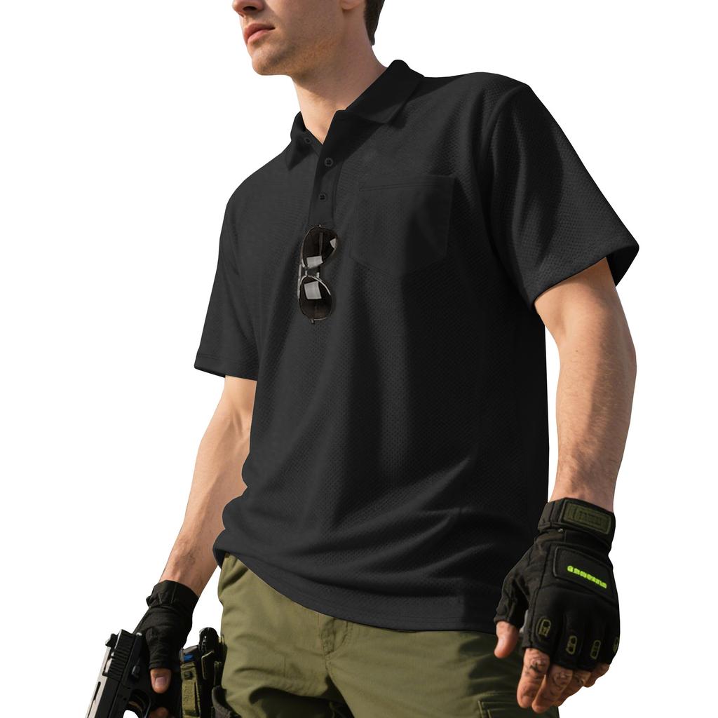 European and American Men's Summer Solid Color Lapel Loose Quick-drying Outdoor Tactical Pocket Short-sleeved Bird's Eye POLO Shirt T-shirt Men