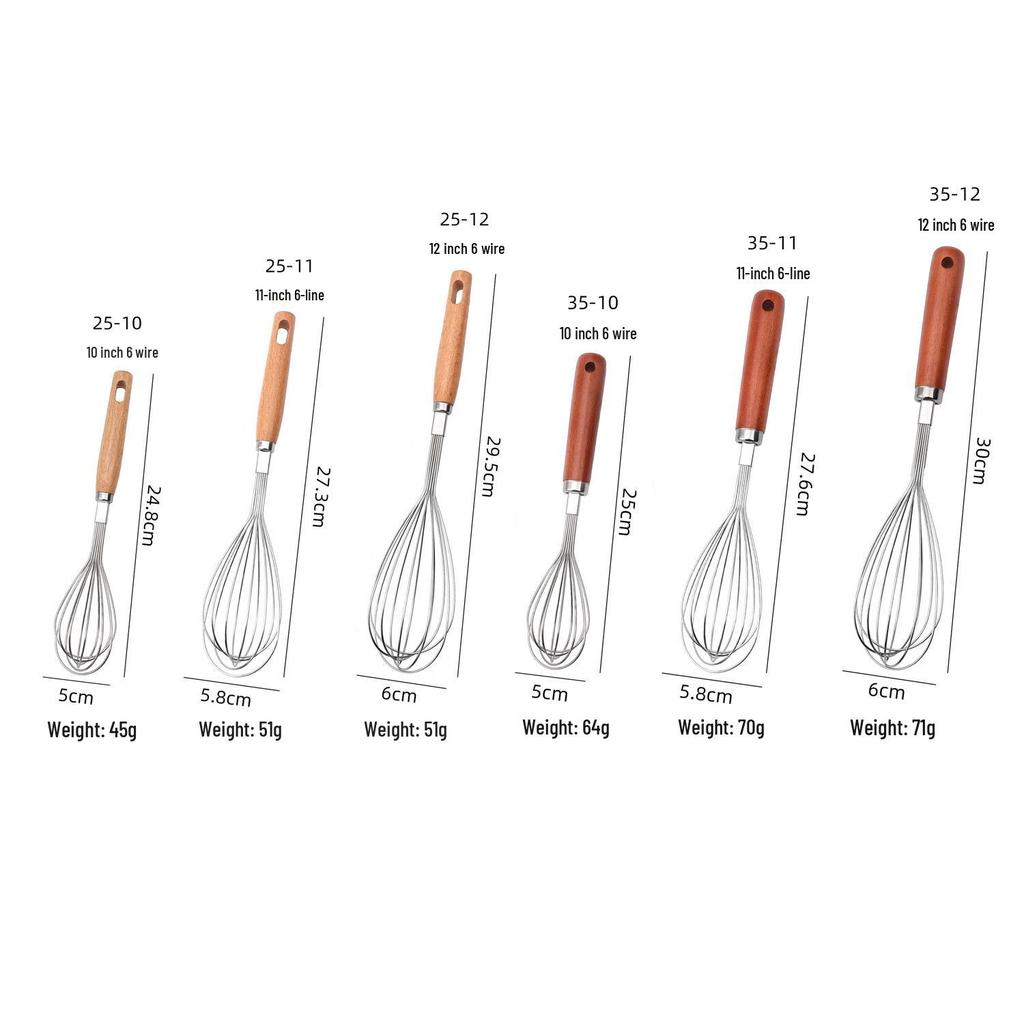 Beech Wood & Stainless Steel Baking Set: Egg Whisk, Pizza Cutter, Cake Spatula, Egg Beater, Mixer, Rice Washer.