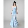 Women's Summer Blue Floral Suspender Dress Seaside Vacation Beautiful Slim Fish Tail Hip Wrap Dress
