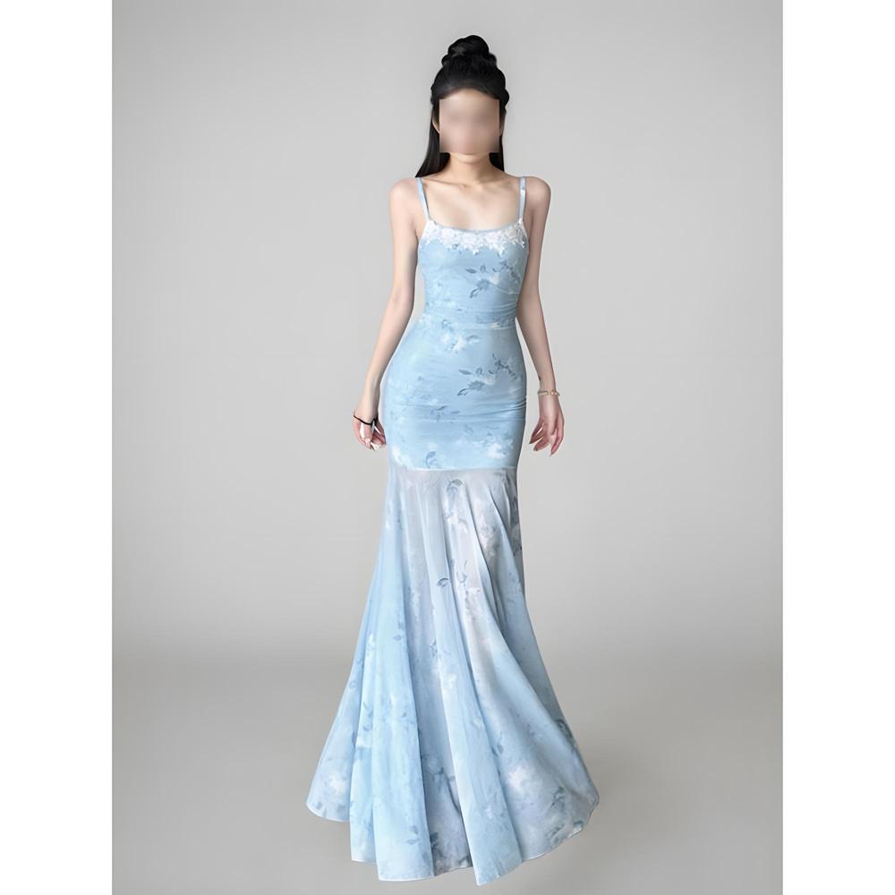 Women's Summer Blue Floral Suspender Dress Seaside Vacation Beautiful Slim Fish Tail Hip Wrap Dress