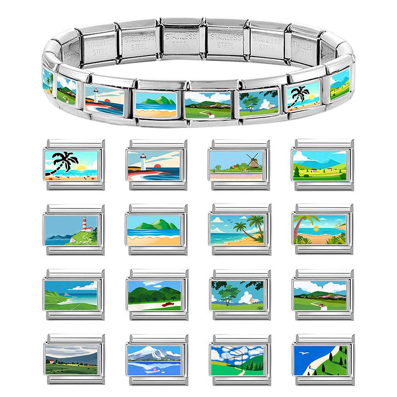 New Green Scenery Series Sunset Sea Lighthouse Italian Charm Links Fit 9MM Stainless Steel Bracelet Women Men DIY Making Jewelry