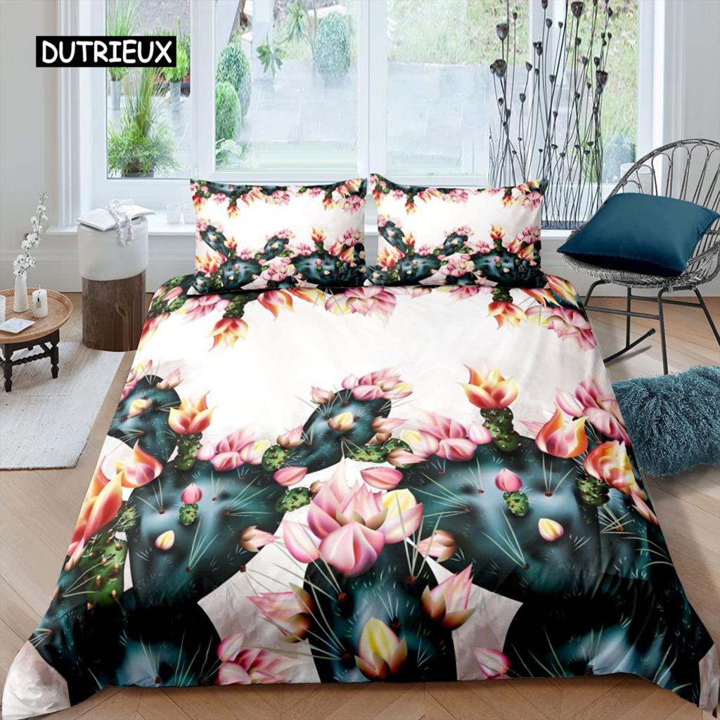 Cactus Duvet Cover Set King Size Hand Painted Style Bedding Set Nature Art Prints Comforter Cover Green Plant Cactus Quilt Cover