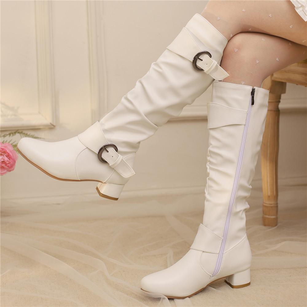 Classic Women Knee High Boots Ankle strap Buckle Round Toe Block Heels Size 34-48 Pleated Fashion Booties Autumn Winter New