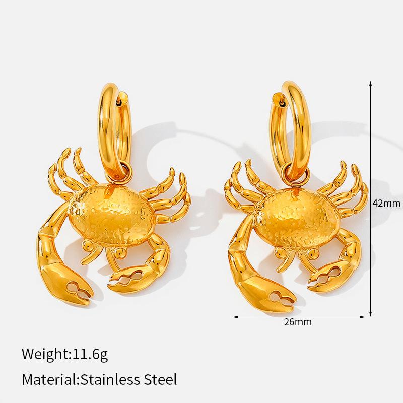 18K Gold-plated Stainless Steel Crab Pendant Earrings, Hammered Metallic European and American Style Earrings, Seaside Vacation Accessories