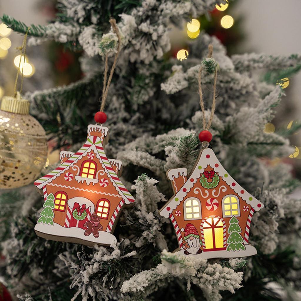 Christmas Tree Ornaments 2 Piece Wooden Pendant With Light Gingerbread House Christmas Tree Pendant For Holiday Party Supplies