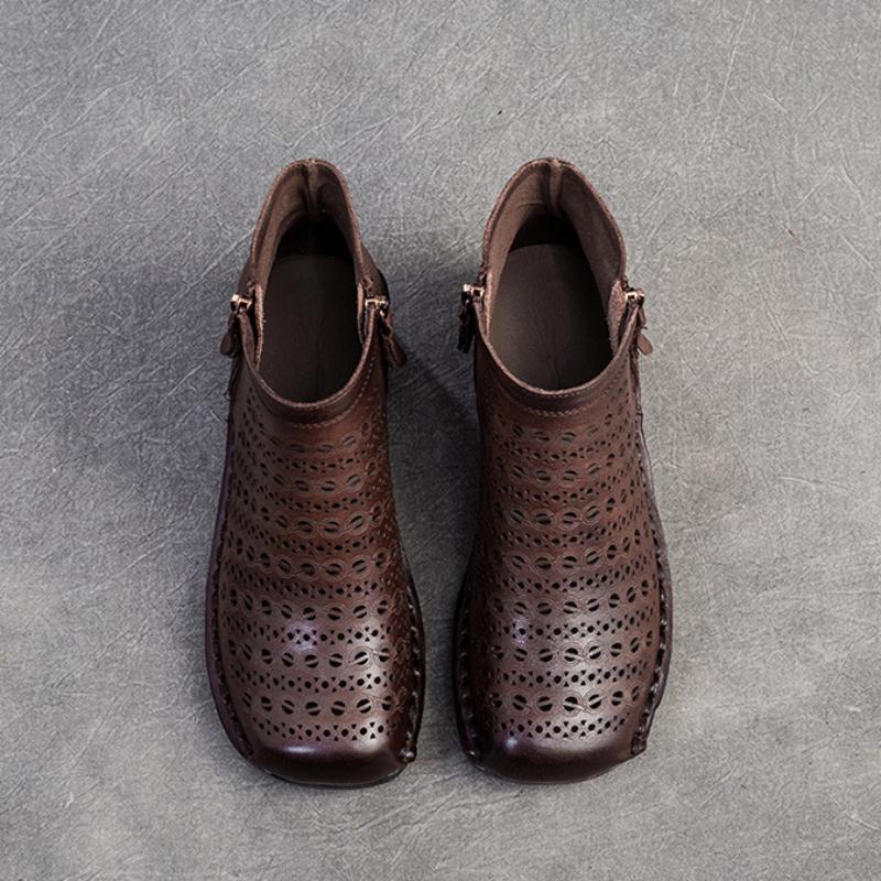 Johnature Genuine Leather Breathable Hollow Out Boots Retro Versatile Comfortable Women's Wedges Shoes