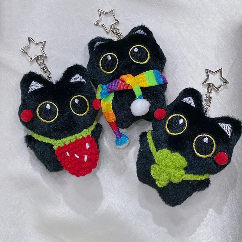 Cute Cartoon Black Cat Keychain Bag Pendant Backpack Hanging Ornaments Lovely Cat Doll With Camera Animal Car Keyring Kids Gift