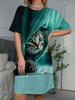Women'S Plus Size 3D Cat And Curtain Print T-Shirt DressNew Round Neck T-Shirt DressCasual Comfortable Home Dress