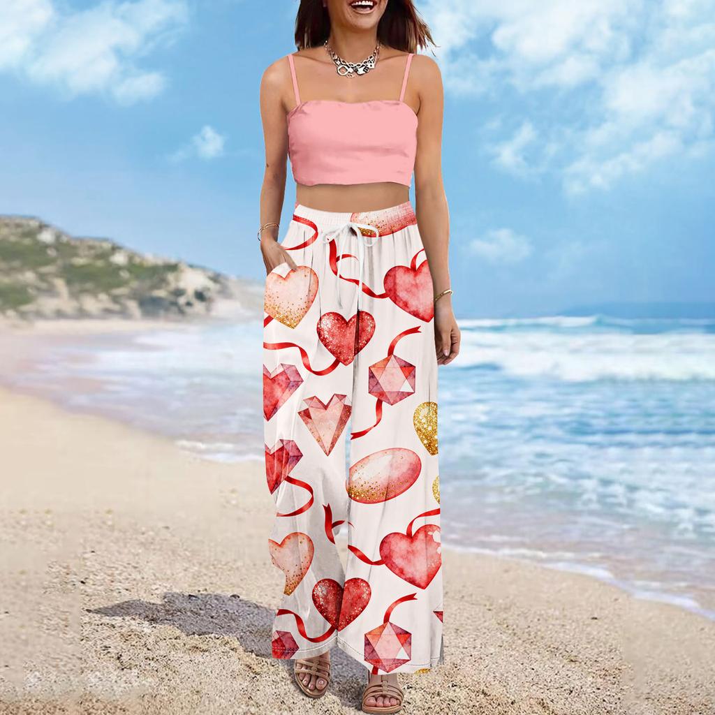 Damen Sommer Boho Palazzo Hose Hohe Taille Weites Bein Druck Freizeithose Mit Taschen