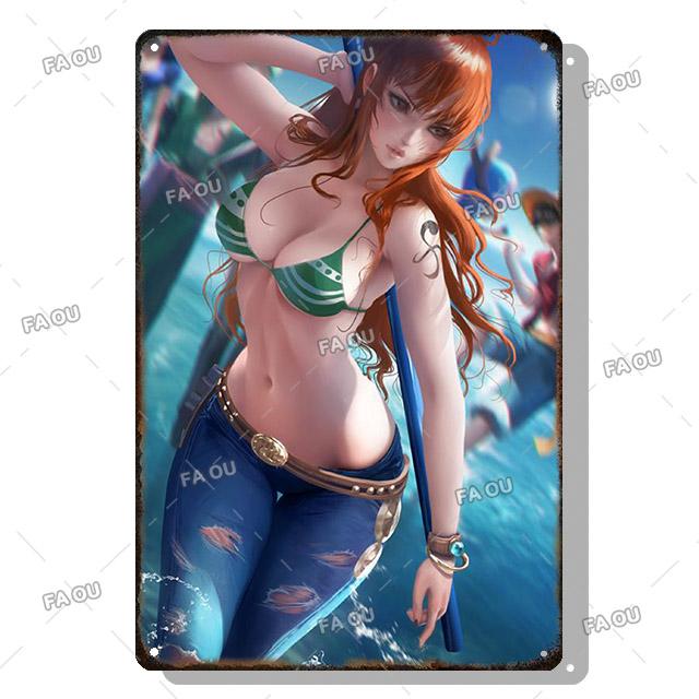 Sexy Anime Girl Metal Plate Game Figure Vintage Tin Sign Bar Club Art Decorative Plaques for Modern Home Room Wall Decor Poster