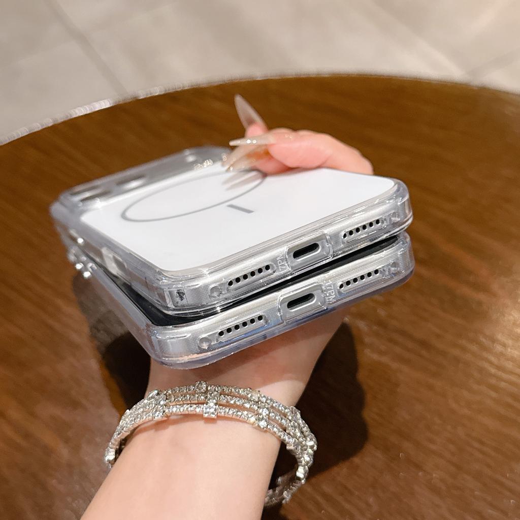iPhone 17 Air 17 Pro Max 16Pro 15 14 Pro için Metal Düğmeli Şeffaf Manyetik Telefon Kılıfı Magsafe Şeffaf Kablosuz Şarj Sert Koruyucu Kapak