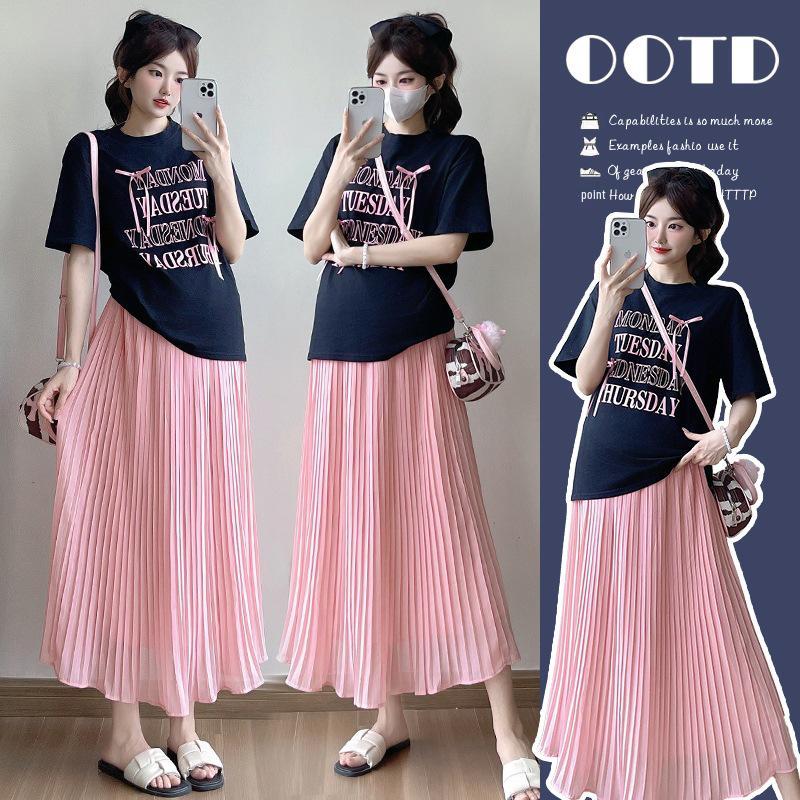 2026 Summer Maternity Set: Bowknot T-shirt & Chiffon Pleated Skirt M