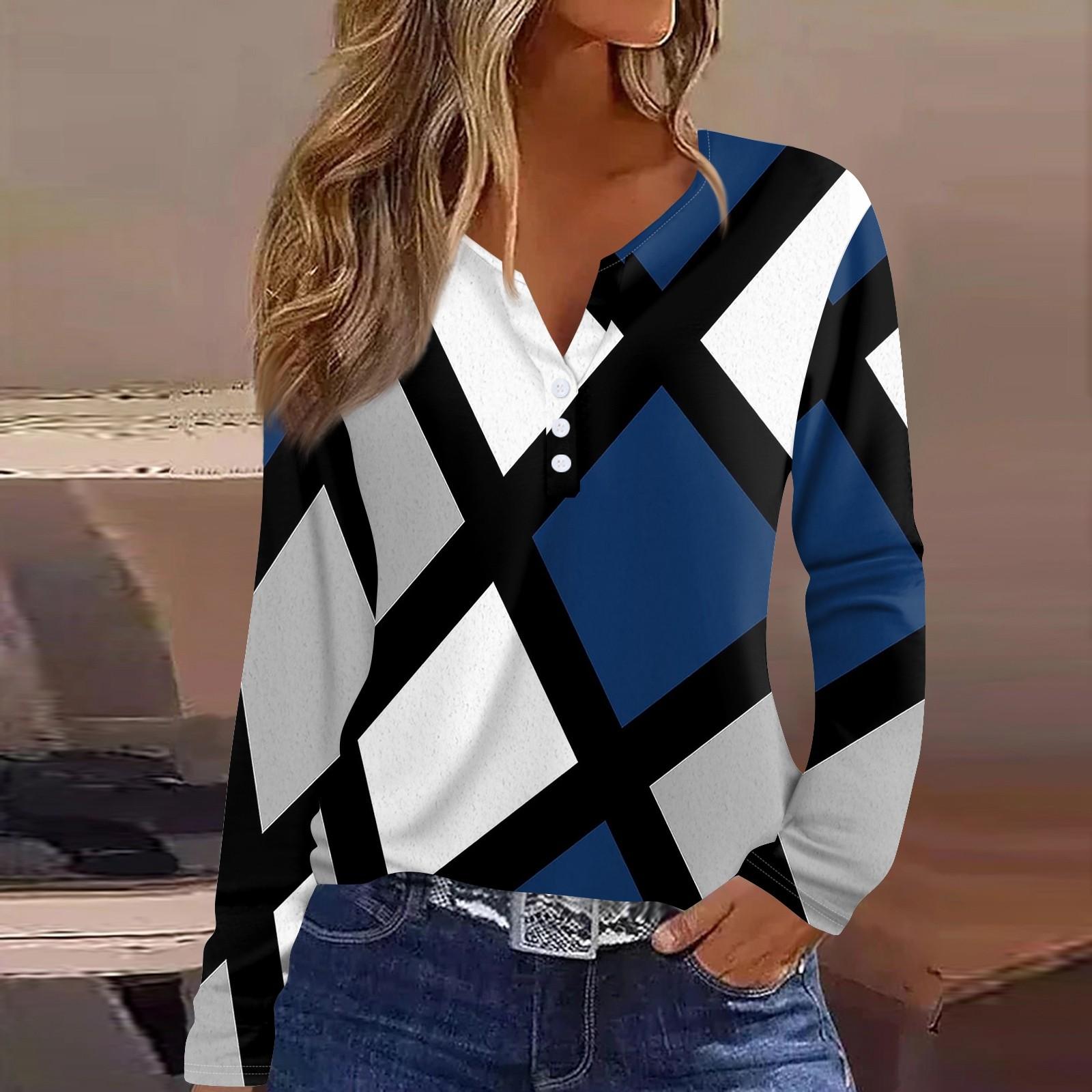 

Жен. Футболка Футболка на пуговицах с длинным рукавом Повседневные Выходные Мода Классический Топ с v-образным вырезом Обычный XXXL синий