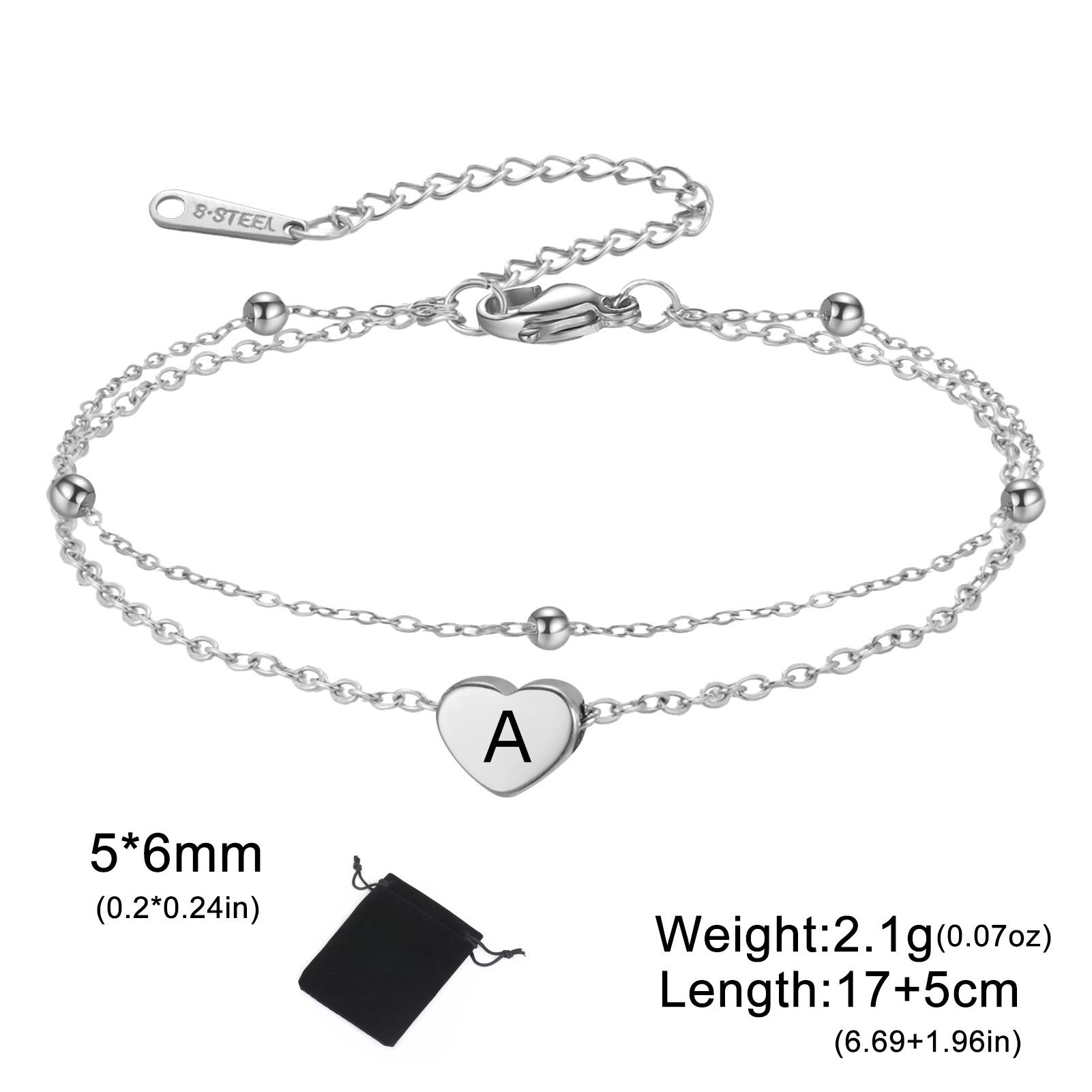 Customized Family Surname Letter Love Bracelet Stainless Steel Personalized Peach Heart Double layer Bead Chain Gift 17-22cm