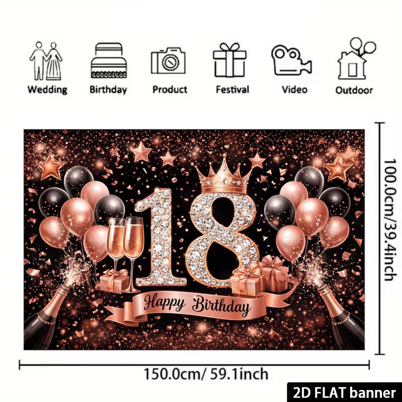 2D 18th Birthday Photography Background, Black Rose Gold Themed Party Backdrop Banner