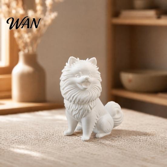 Exquisite Hair Texture Decor 3D Printed Cute Pomeranian Dog Figurine, White Twisting Head Puppy Statue, Small Detailed Model Desktop Ornament for Home