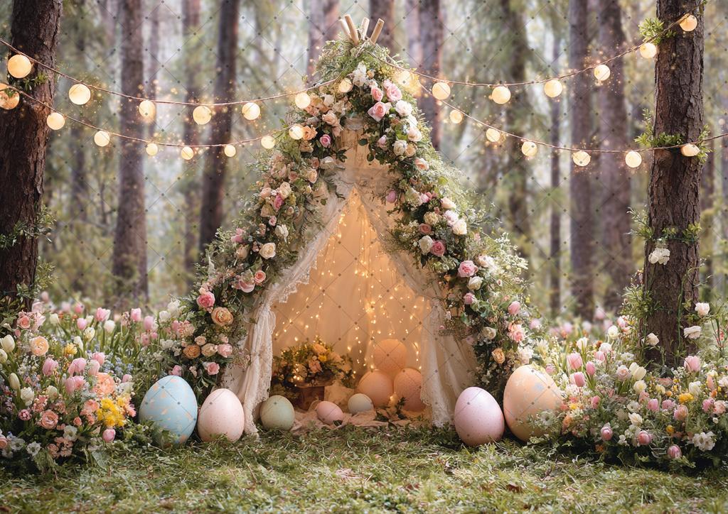 Spring Easter Photography Background Boho Tent Colorful Eggs Flower Baby Shower Birthday Party Decor Kid Portrait Photo Backdrop