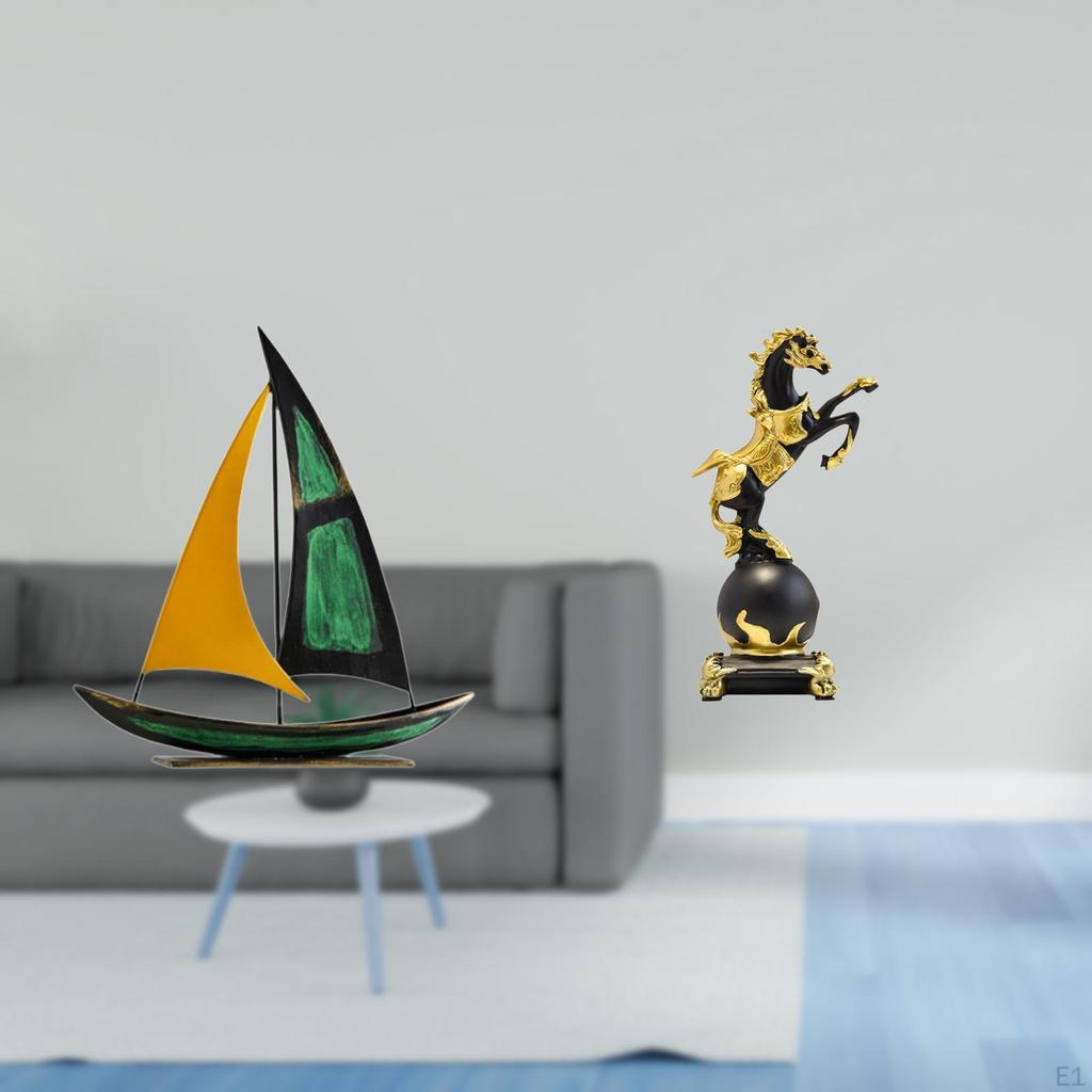 Iron Horse Sailboat Modern Sculpture Tabletop Ornament Feng Shui Decor Collection Decorative Animal