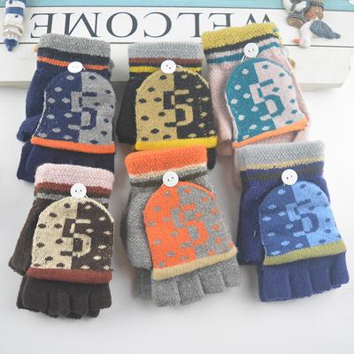 New Children's Flip Half-finger Gloves Winter Warm Cute Cartoon Leaking Finger Middle and Older Children's Writing Gloves