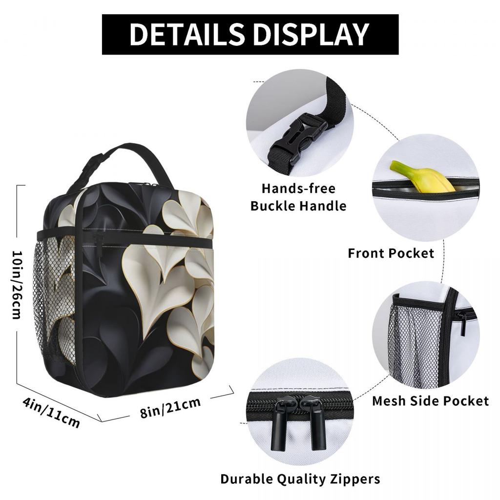 Black And White Flower Pattern Insulated Lunch Bag for Women Children Portable Food Boxes Thermal Lunch Box Tote