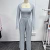 Autumn Casual Long Pants Set Square Neck Long Sleeve Short Top Women Sportswear