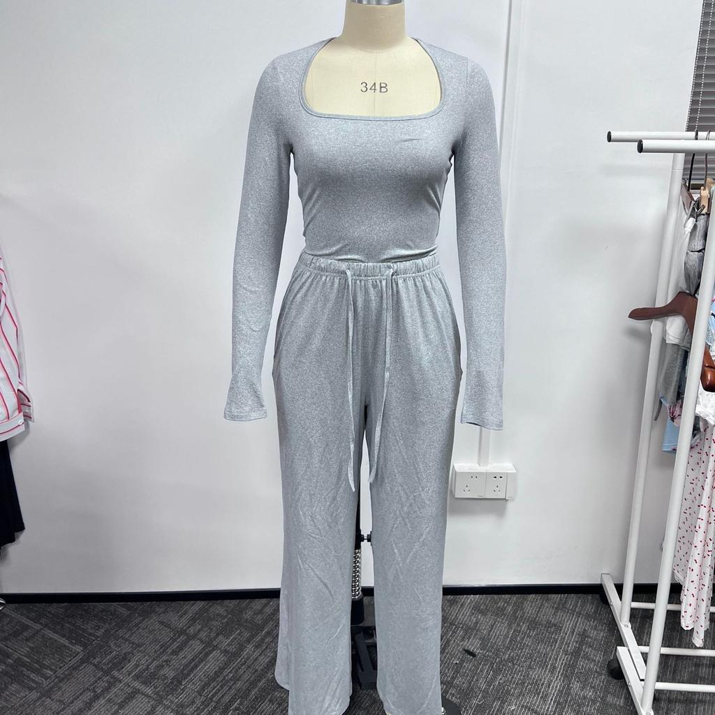 Autumn Casual Long Pants Set Square Neck Long Sleeve Short Top Women Sportswear