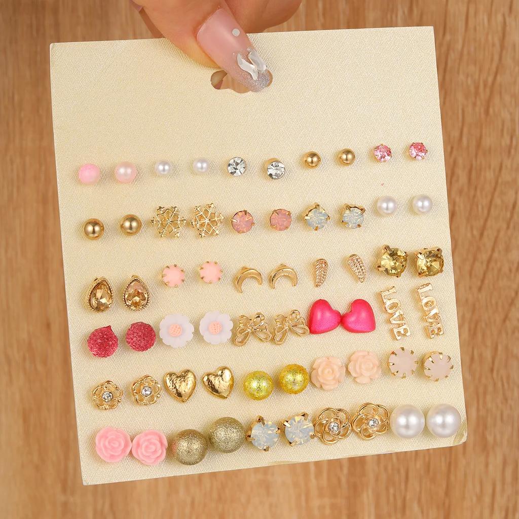 Fashion Zircon Pearl Love Earrings Colorful Geometric Metal Crystal Bead Ear Studs For Women 2023 New Trendy Girls Jewelry Gifts