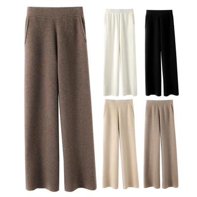 Autumn Winter Casual Loose Knit Straight Leg Pants  Drape High Waist Wide Leg Pants for Women Lace-up Women Solid Trousers