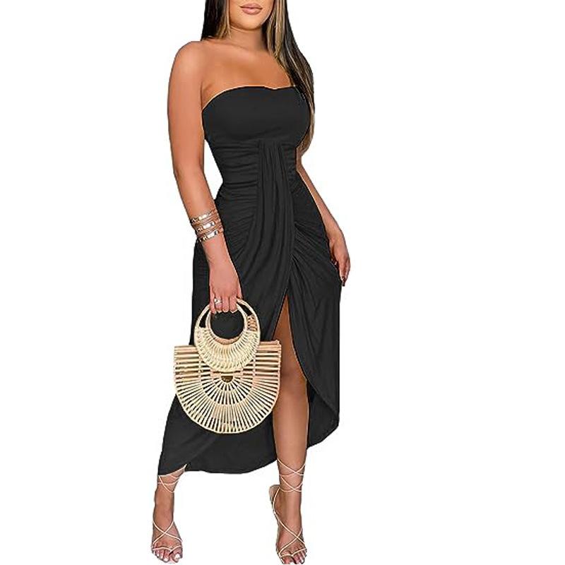 Women's Elegant Summer Dress Tube Top Solid Strapless Long Beach Split Dress Party Club Dress