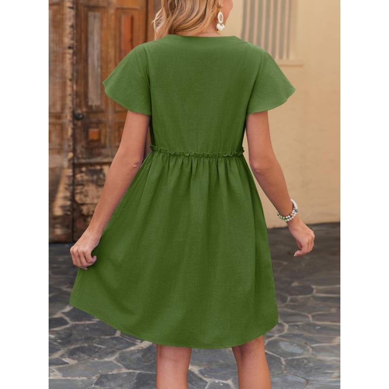 Vestidos casuales de cintura media con cuello en V y manga corta con estampado de Color sólido a la moda para mujer