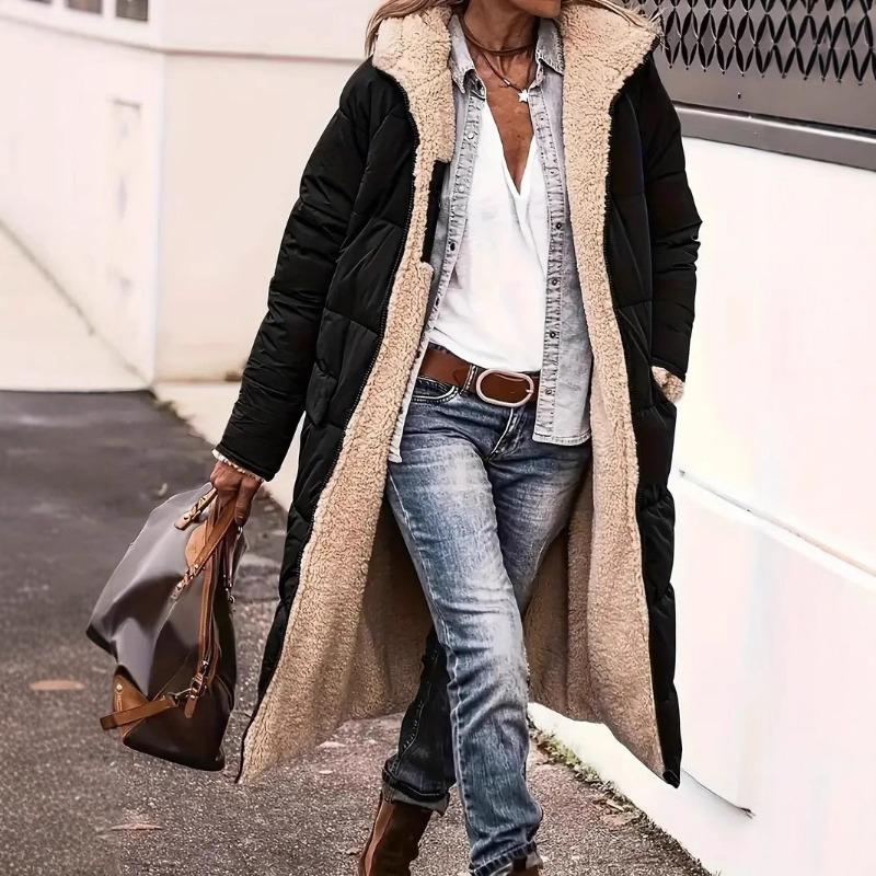 Women's medium and long coat, thickened and warm, loose hooded, women wearing cotton-padded clothes on both sides