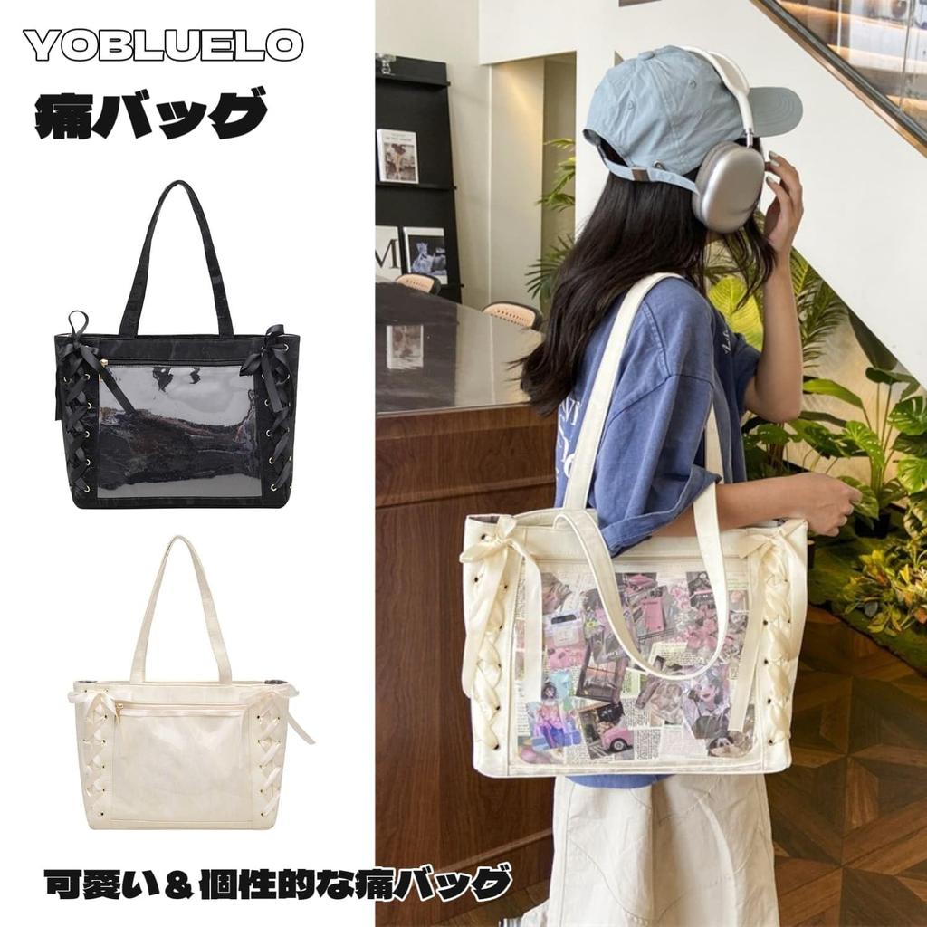 YOBLUELO Ita-Tasche, Umhängetasche, Schnür-Tragetasche, Dekorative Tasche, A4-Größe, Transparente Tasche für Damen mit Schleifen-Dekoration (Weiß)