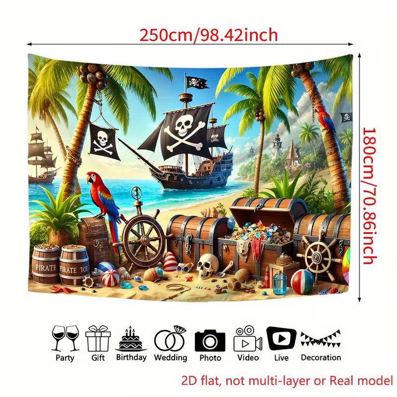 Vinyl Pirate Beach Backdrop - Pirate Ship, Parrot & Treasure Chest Photography Background
