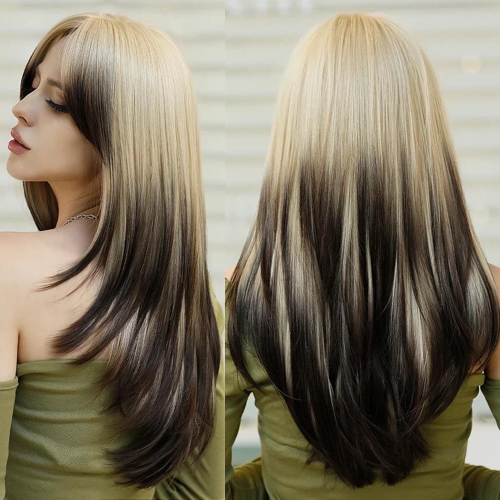 Profesionální Dlouhá Rovná Zelená Paruka pro Ženy Přírodní Syntetické Volné Vrstvené Vlasy Paruky s Ofinou Vysoká Hustota Vanilkové Cosplay Paruky