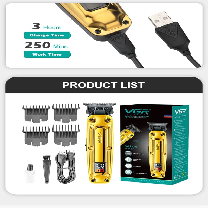 VGR V-904 Metal Texture Oily Hair Clipper Hair Salon Men's Electric Hair Clipper Digital Display Carving Push High Power Upgrade Battery Life Razor