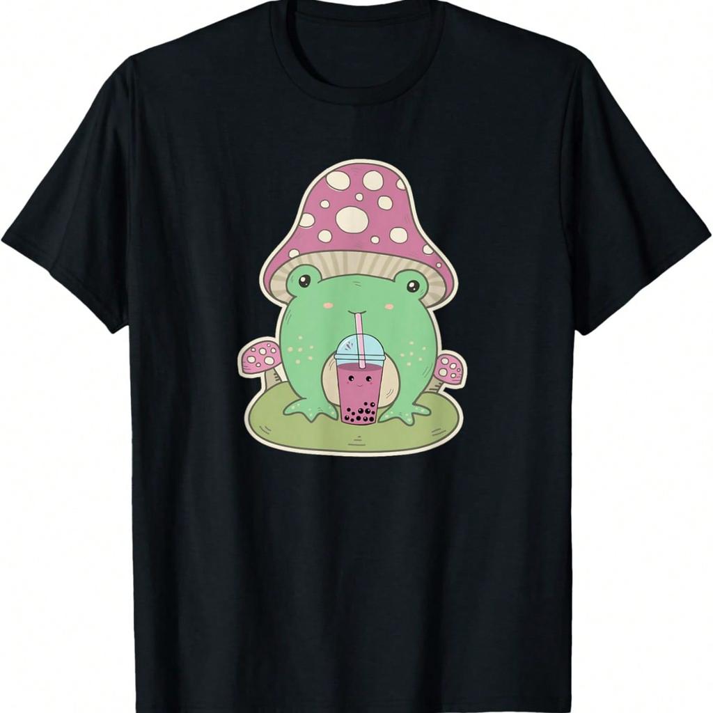 Cottagecore Mushroom Hat Frog Drinking Boba Tea Cute Froggy T-Shirt