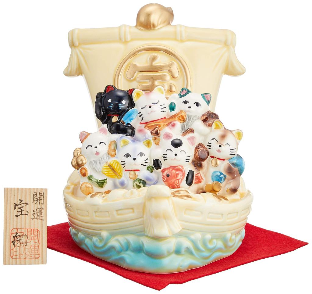 Ale-net Seven Lucky Cats Treasure Ship Cream-Colored Lucky Charm Good Luck Maneki-neko Ceramic Seto Ware