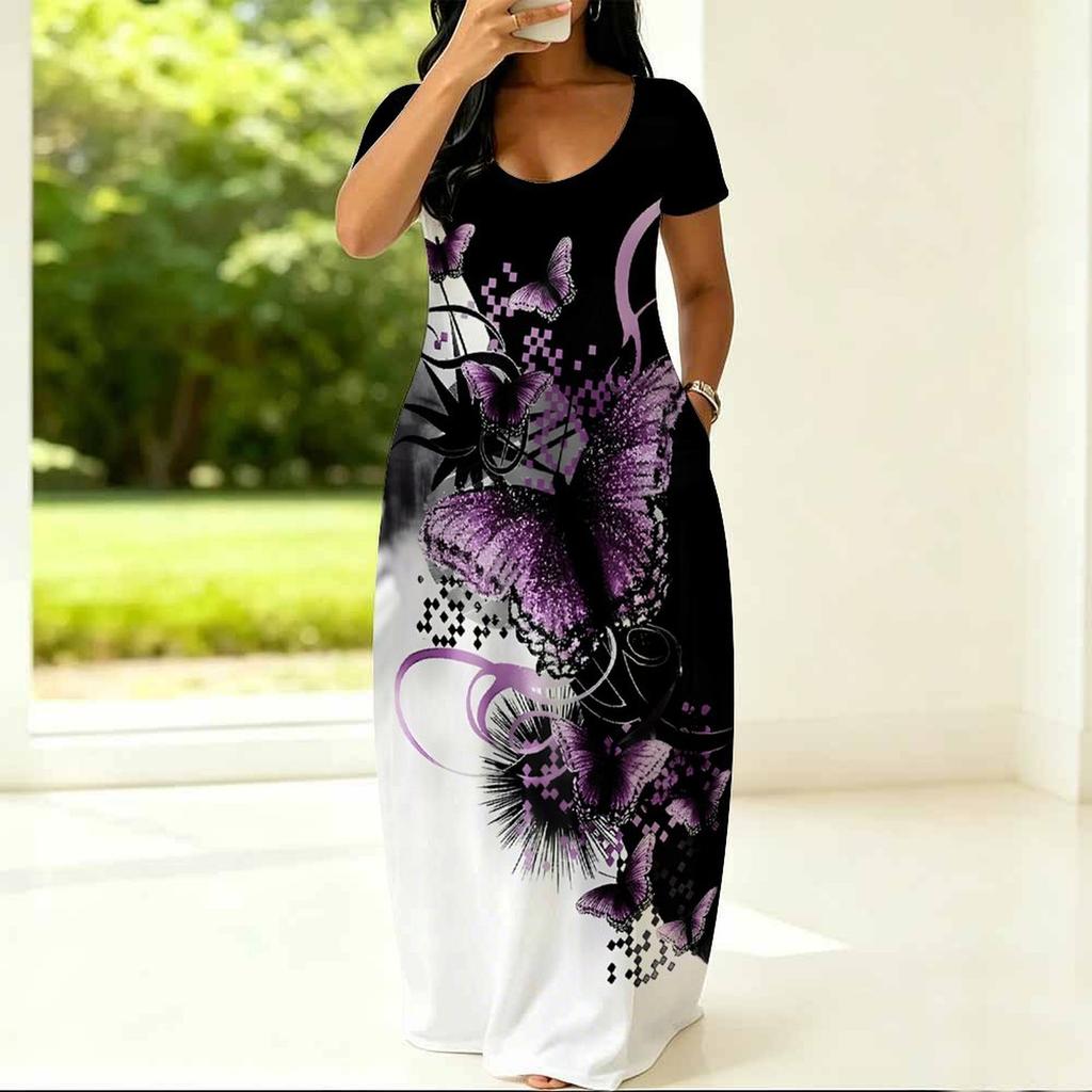 Plus Size Round Neck Short Sleeve Tunic Airy Dress For Summer Outdoor Stroll