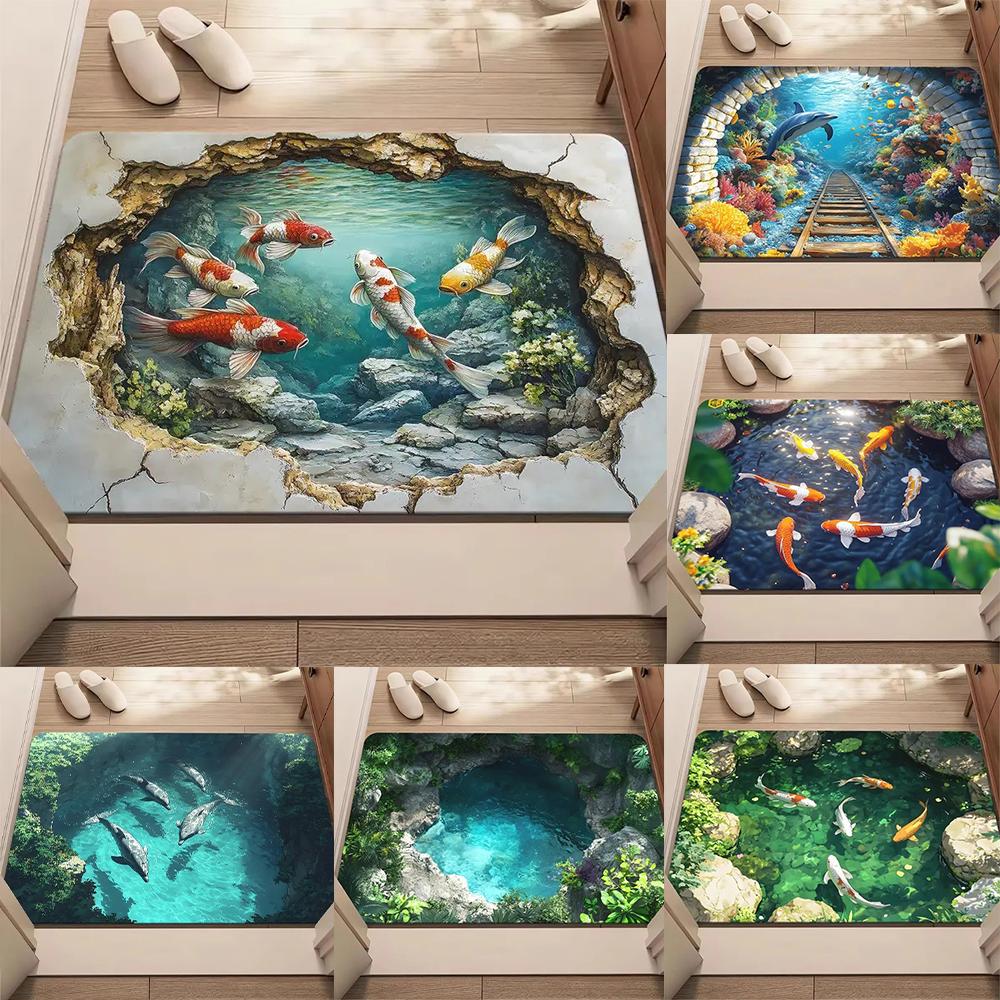 3D Illusion Carp Doormat Unique Koi Fish Pond Entrance Rug with Realistic Water Effect Non-Slip Floor Mat for Home Decor