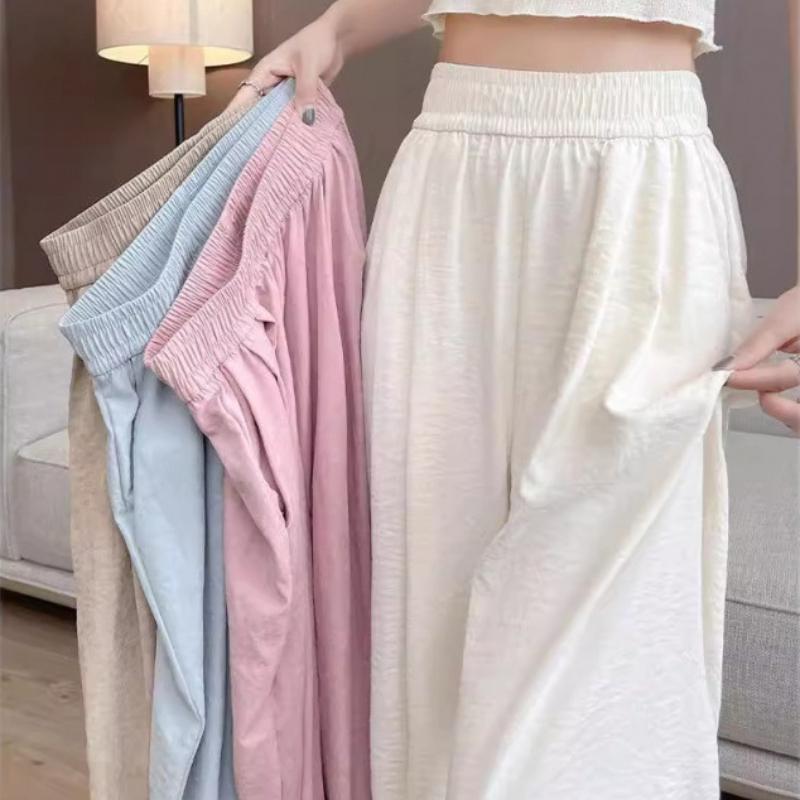 Women's Spring Summer White High-Grade Acetate Satin Pants Floor-Length Japanese Lazy Style Casual Wide-Leg Trousers