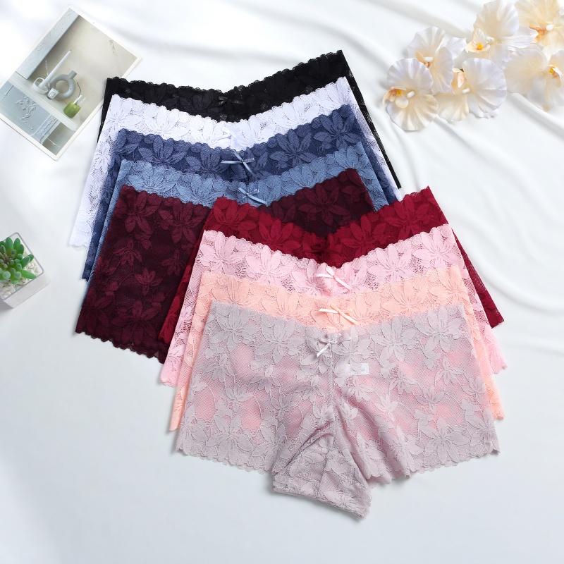 FINETOO 3Pcs Women's Sexy Lace Floral Perspective Boyshorts Solid Color Hollow Out Boxer Panties Female Breathable Transparent Lingerie