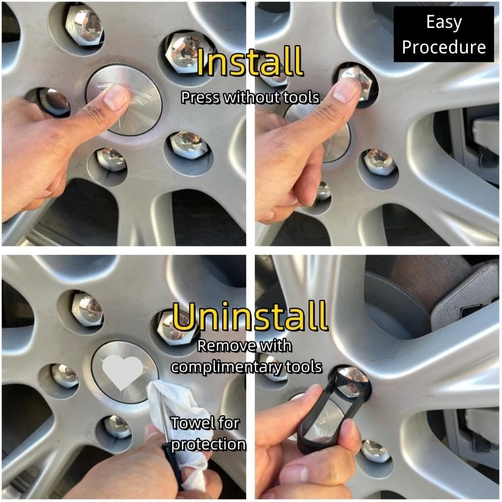 Wheel Cap Kit For Tesla Model Y/Model 3, For 19“ Wheels Only, 4 Hub Center Caps + 20 Lug Nut Covers + Puller And Screwdriver For Untalling, Silver