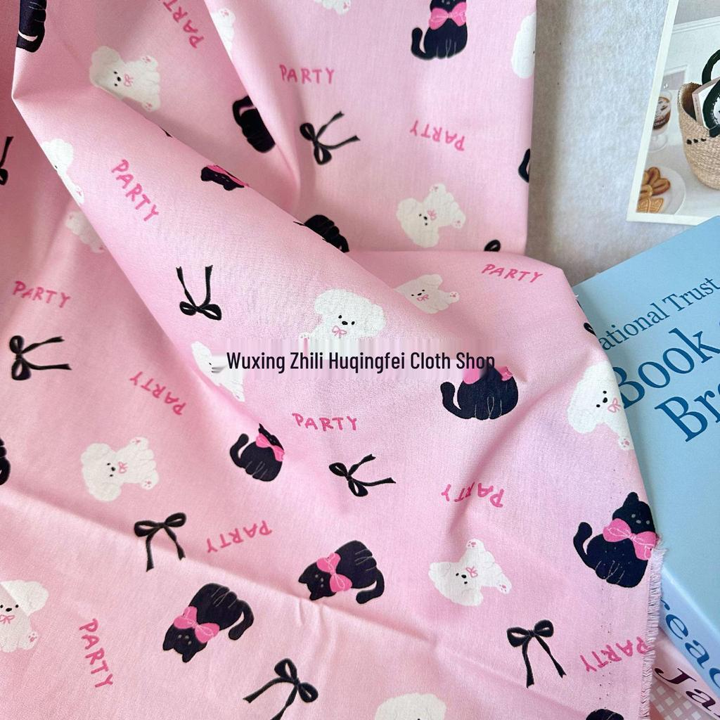 100% Cotton Digital Print Fabric: Korean-Style Kitten Bow & Floral Design for Women's, Children's, Family, and Homewear