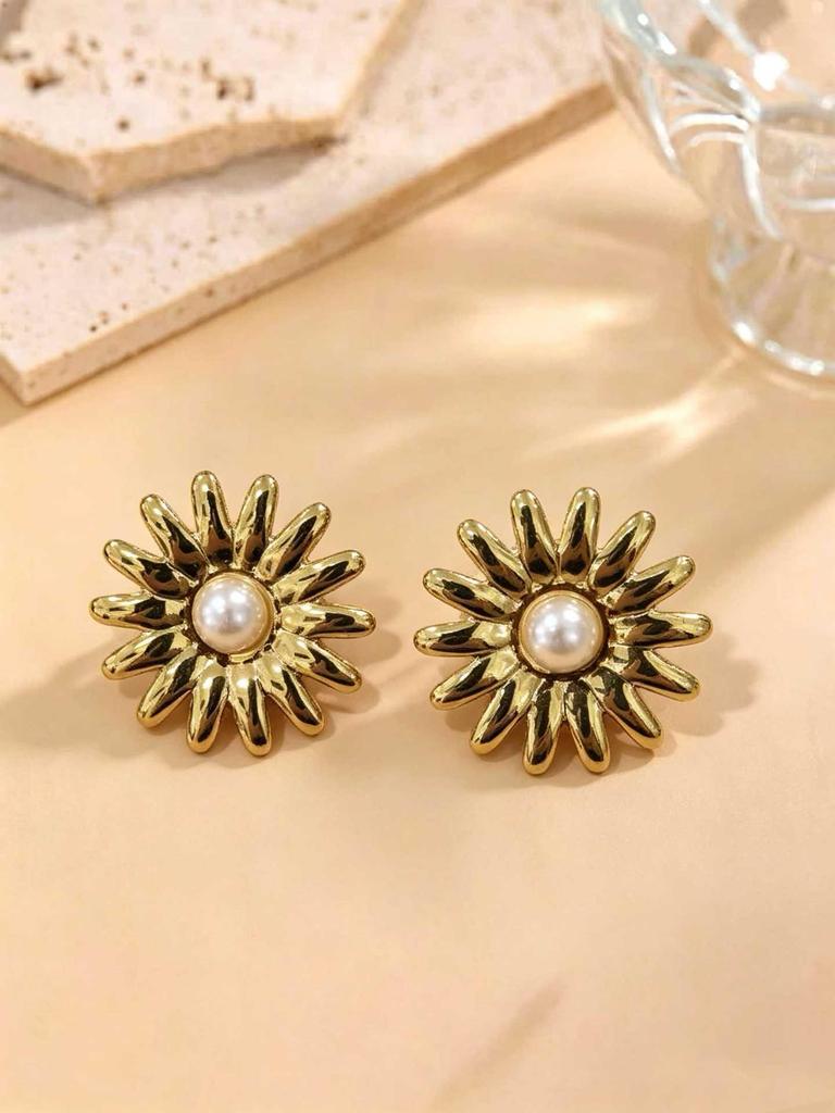 European Retro Pearl Irregular Geometric Stainless Steel Ear Studs