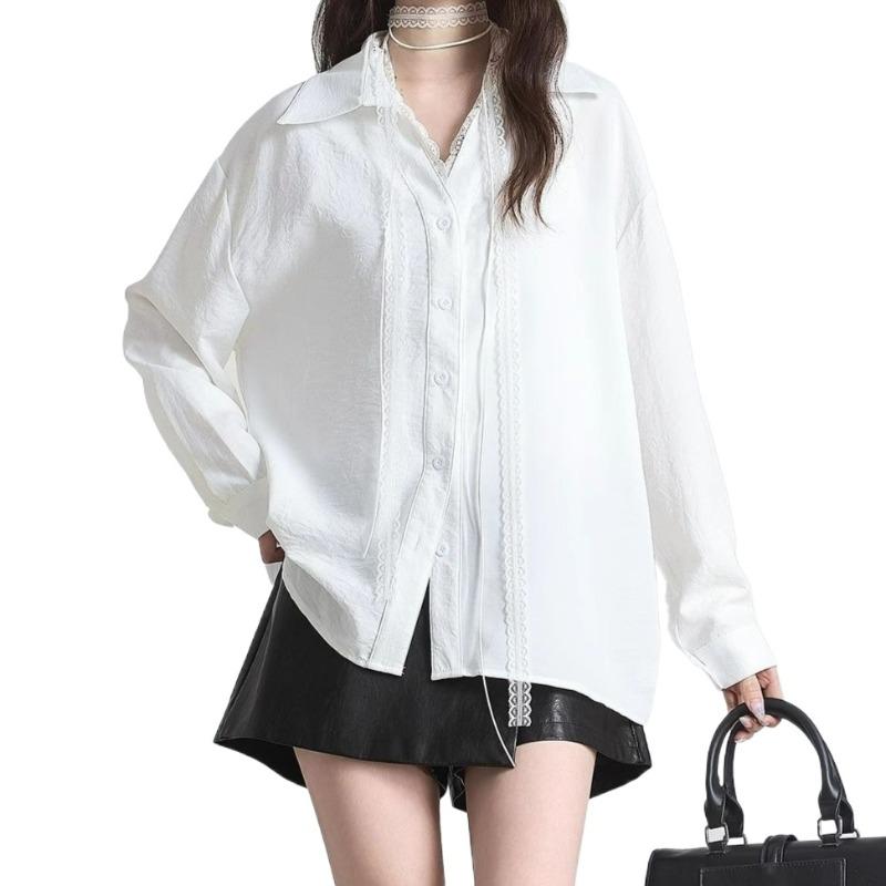 Women's Solid Color Shirt Female Lace Up Turn-down Collar Long Sleeved Blouse Spring New Korean Style Loose Versatile Top