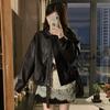 Kumikumi American vintage Black PU Leather Long sleeve Outerwear Women clothes Autumn Niche Loose Lapel Jacket Top