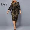 Wedding Dress Lady Sequin Mesh Stitching Bodycon Hollow 3/4 Sleeve O-neck Midi for Women
