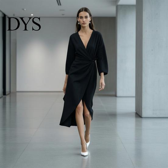 Women Midi Dresses Summer Deep V-Neck Dress, Ruffle Slim Waist Long Comfortable Dress Sleeves Solid Color Wrap for Daily Wear Party Breathable