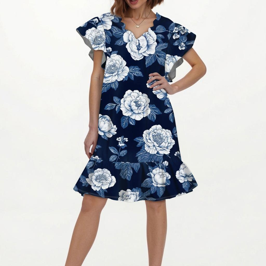 Women's Fashion Casual V Neck Wavy Edge Floral Print Short Sleeve Dress